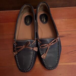 Clarks Navy Loafers with Brown Accents